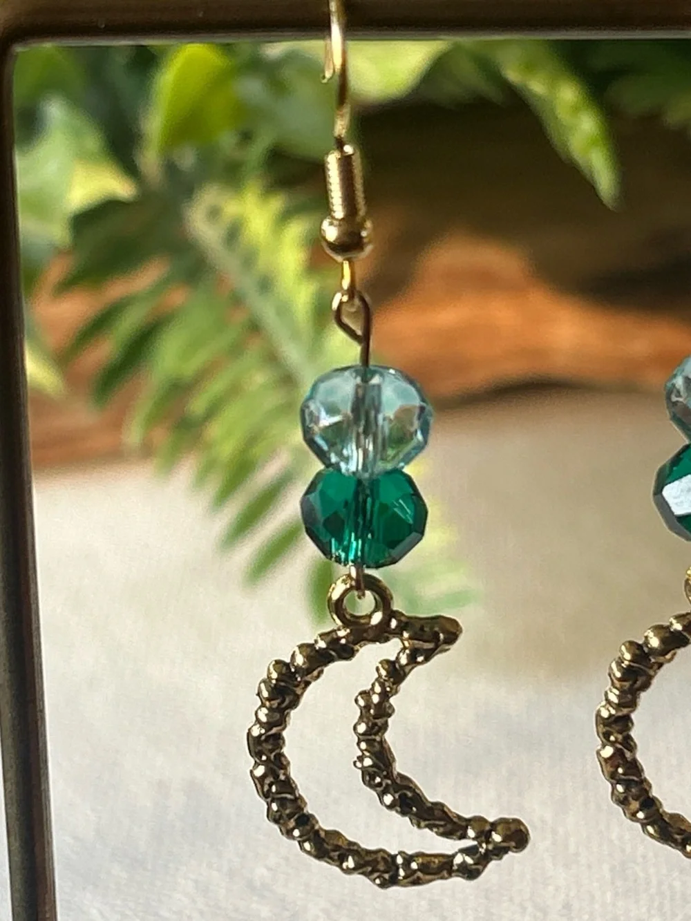 Gold Crescent Moon Dangle Earrings with Teal and Aqua Beads